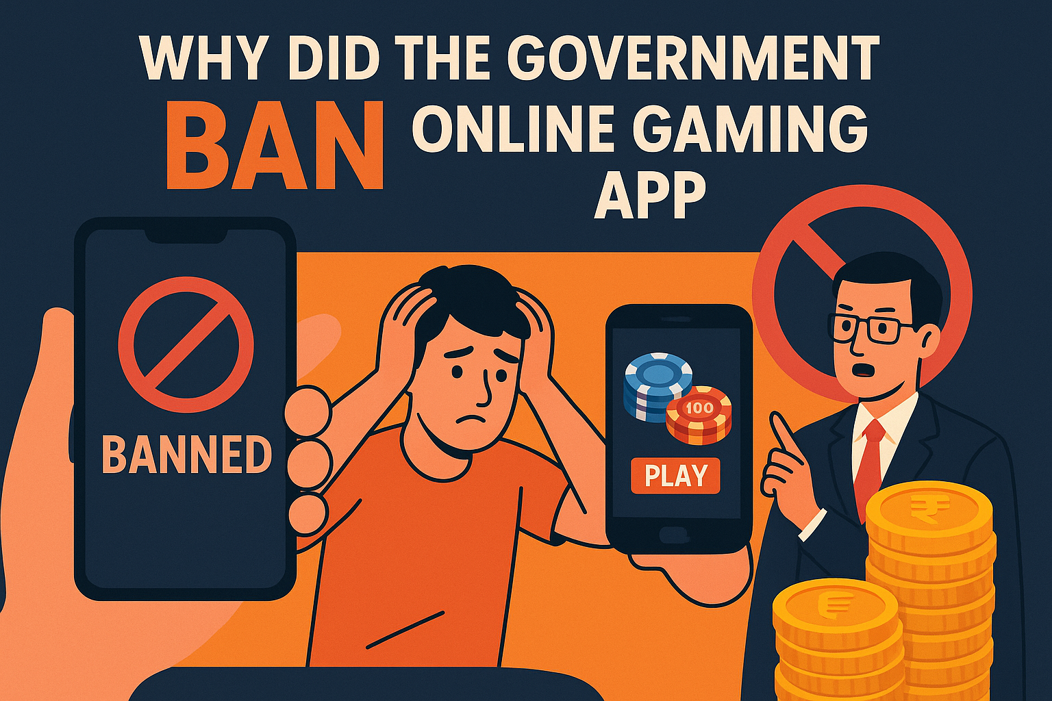 A digital illustration showing the impact of the government ban on online gaming app in India, with a banned sign, worried gamer, money coins, and an official highlighting financial and social risks.